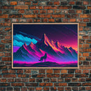 Retro style art, wolf looking on the mountains, framed canvas print, pastel art