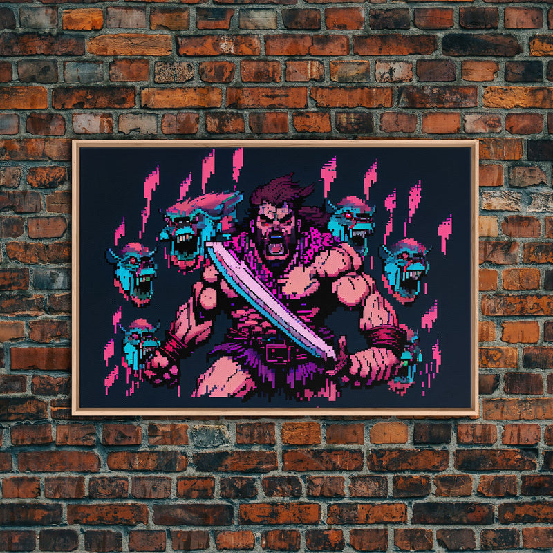 Barbarian pixel art, vaporwave RPG concept art, framed canvas print