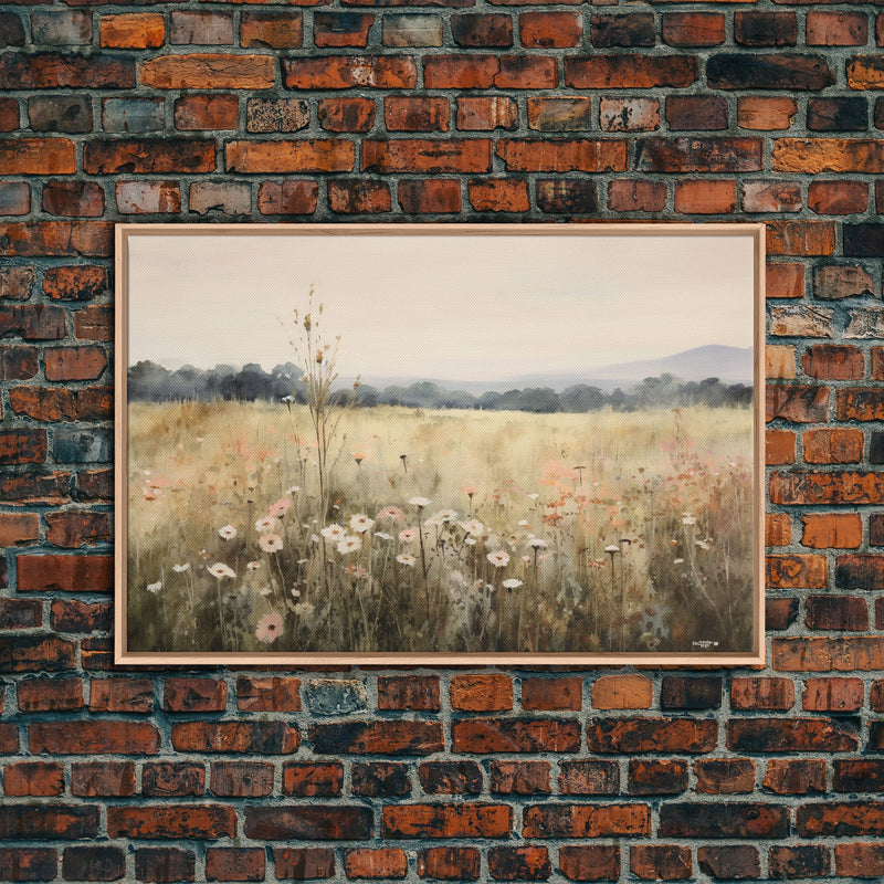 Wildflower Fields Landscape Oil Painting Print Large Wall Art Print, Framed Canvas Nature Wall Decor, Rustic Living Room Country Landscape