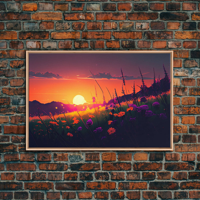 Watercolor of a beautiful sunset over a vibrant field of flowers, framed canvas print, framed art