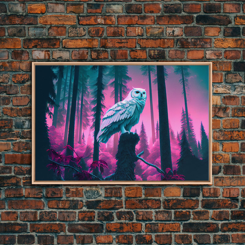 White owl in synthwave forest, vaporwave style animal print art, framed canvas print