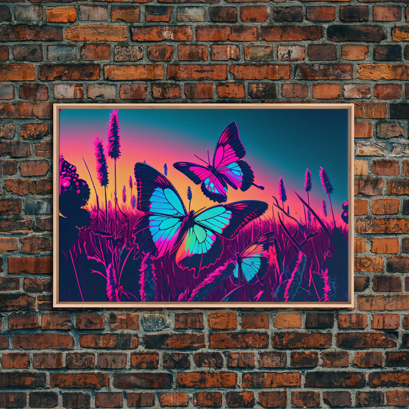 Beautiful turquoise butterfly art, vaporwave aesthetic pastel art, framed canvas print, synthwave art