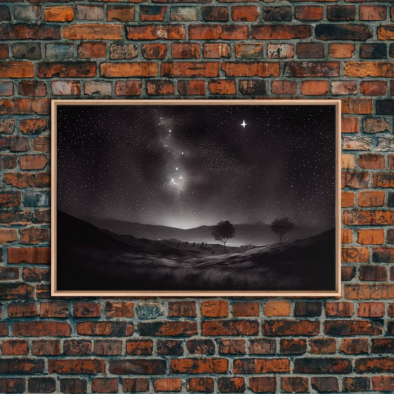 Black and white Watercolor of a starry night sky over the planes of Texas, framed canvas print