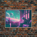 Vaporwave Aesthetic Scifi Art, In Transit, Astronaut riding the space train, framed canvas print