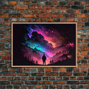 Contemplating the Universe, retro style space art, framed canvas print, synthwave space decor