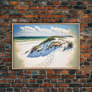 Whimsical watercolor of sand dunes on a beach, framed canvas print, beautiful living room wall art