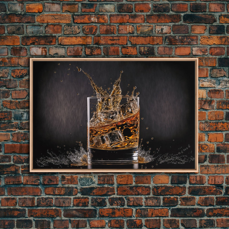 Whiskey Wall DÃ©cor, Glass of Whiskey with Splash, Man Cave Wall Art, Whisky Artwork, Home Bar Decor, Framed Canvas Print