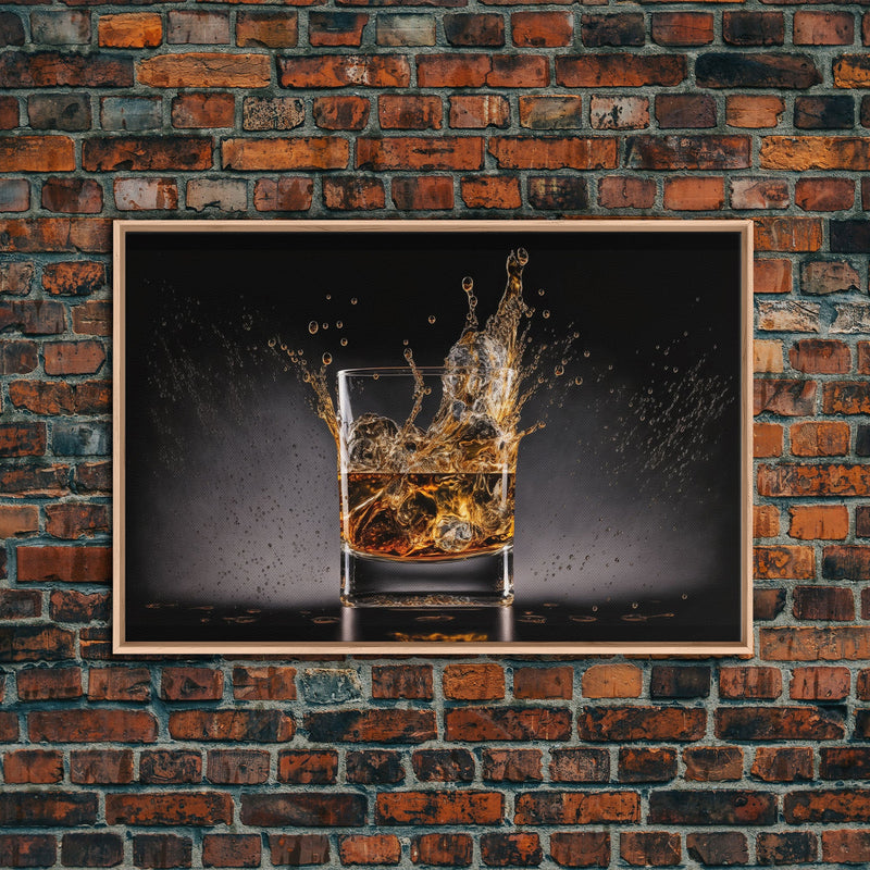 Whiskey Wall DÃ©cor, Glass of Whiskey with Splash, Man Cave Wall Art, Whisky Artwork, Home Bar Decor, Framed Canvas Print, Manly Art