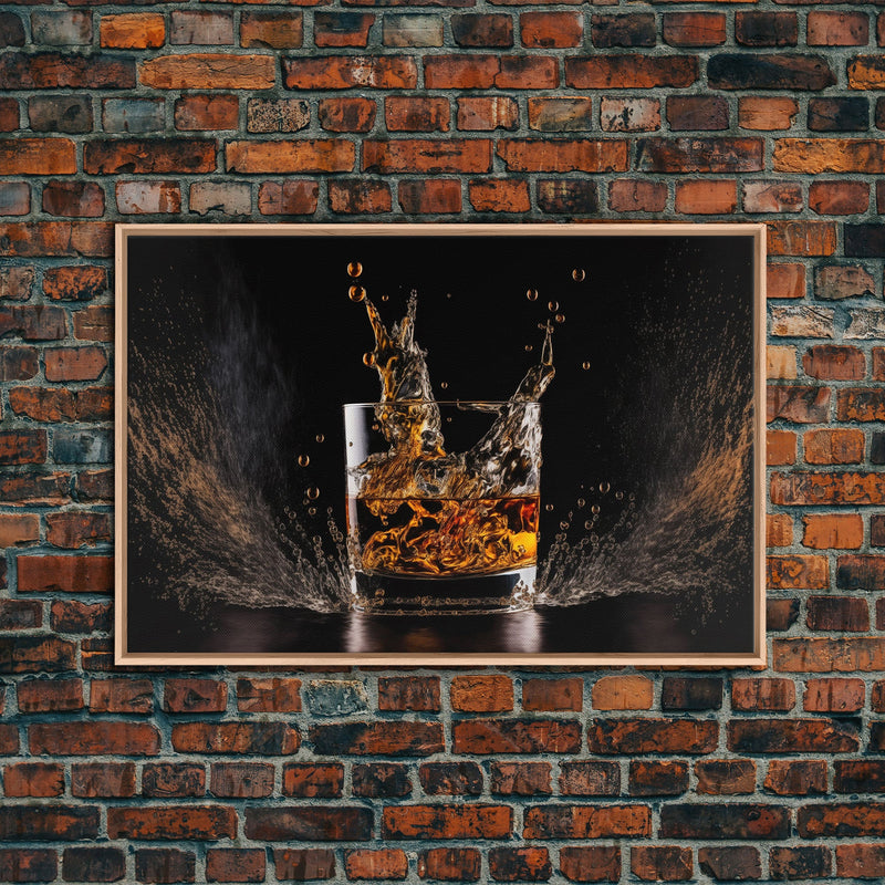 Whiskey Wall DÃ©cor, Ice falling into a glass of whiskey, modern / contemporary bar wall art, framed canvas print