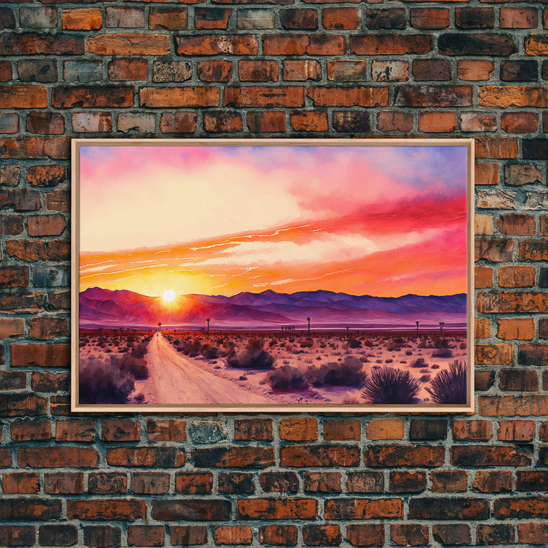 Arizona Desert at Sunset, Dirt Road, Framed Canvas Print, Colorful Wall Art, Sofa Art