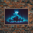 Herd of Water buffalo at midnight, full moon, retro style synthwave animal prints, framed canvas print