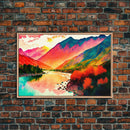 Watercolor Landscape, Rainbow Landscape Art, Framed Canvas Print, Unique Primitive Style Landscape Decor