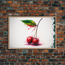 Watercolor Cherry, Still Life Paint Splatter Art, Framed Canvas Print, Fruit Art, Cherries with Stems Watercolor Painting