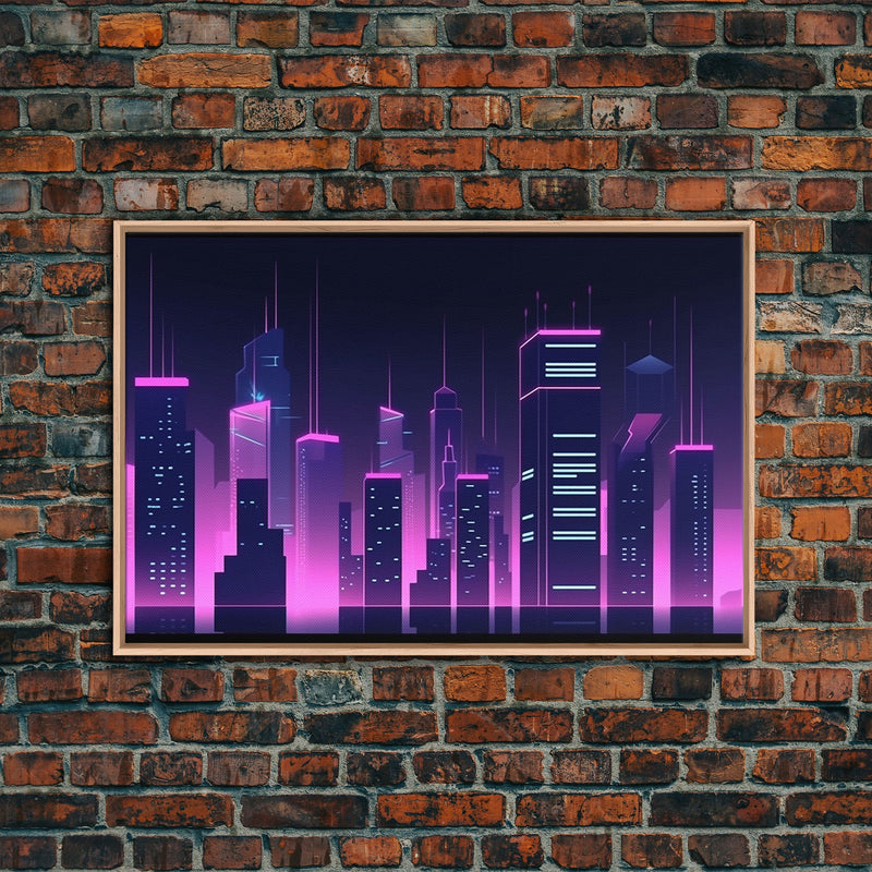 Big City Wall Art | Framed Canvas Print | Living room art | Office decor | Buildings | Outrun Style | Landscape | Night | Pop Art | City