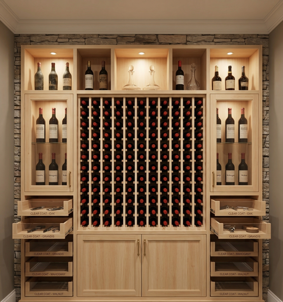 Pine Upper Wine Rack Cabinet | 10 Column, installed in a room