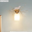 GobekUsa 1-Head White Glass Wall Lamp for Bedroom - Loft Cylinder Lighting with Bird Accent