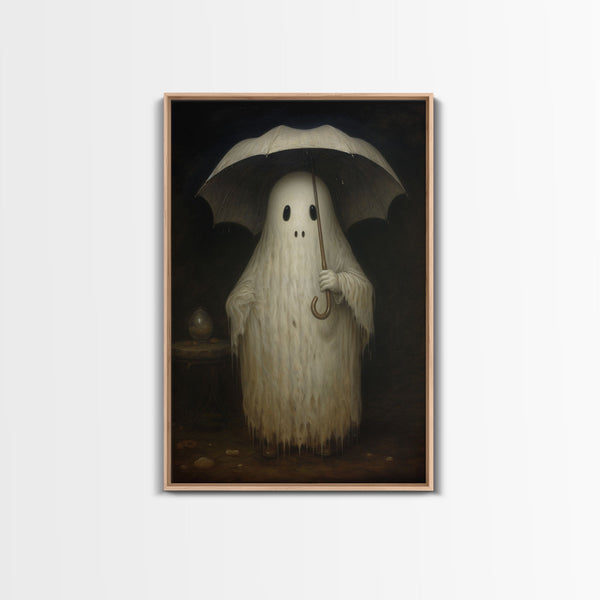 Cute Ghost Painting, Ghost In The Rain, Vintage Canvas, Art Canvas Print, Dark Academia, Haunting Ghost, Cute Halloween Decor