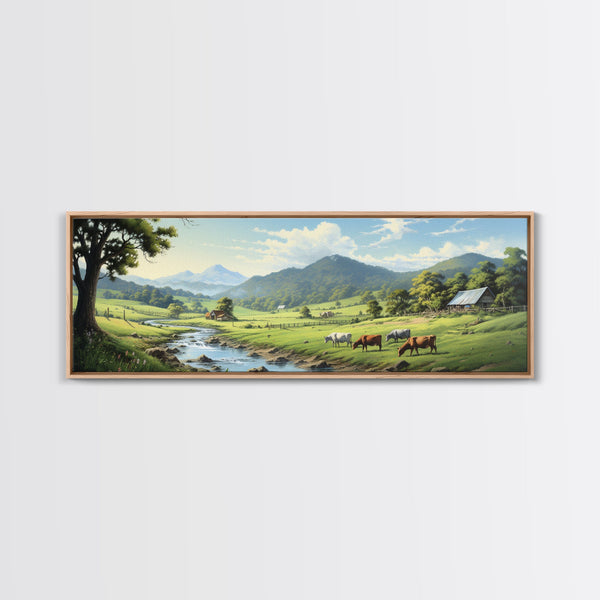 Farmhouse Field Landscape Oil Painting Large Wall Art Canvas Print, Framed Canvas Nature Wall Decor, Rustic Country Landscape Living Room, photo 2 of 7