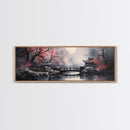 Japanese Hashi Bridge in The Spring, Framed Canvas Print, Japanese Maple Trees Along A Stream, Asian Inspired Artwork