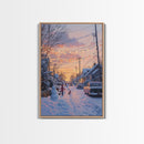 Cozy Neighborhood Christmas Evening with Snowmen and Festive Lights, Perfect for Framed Canvas Print and Holiday Wall Art