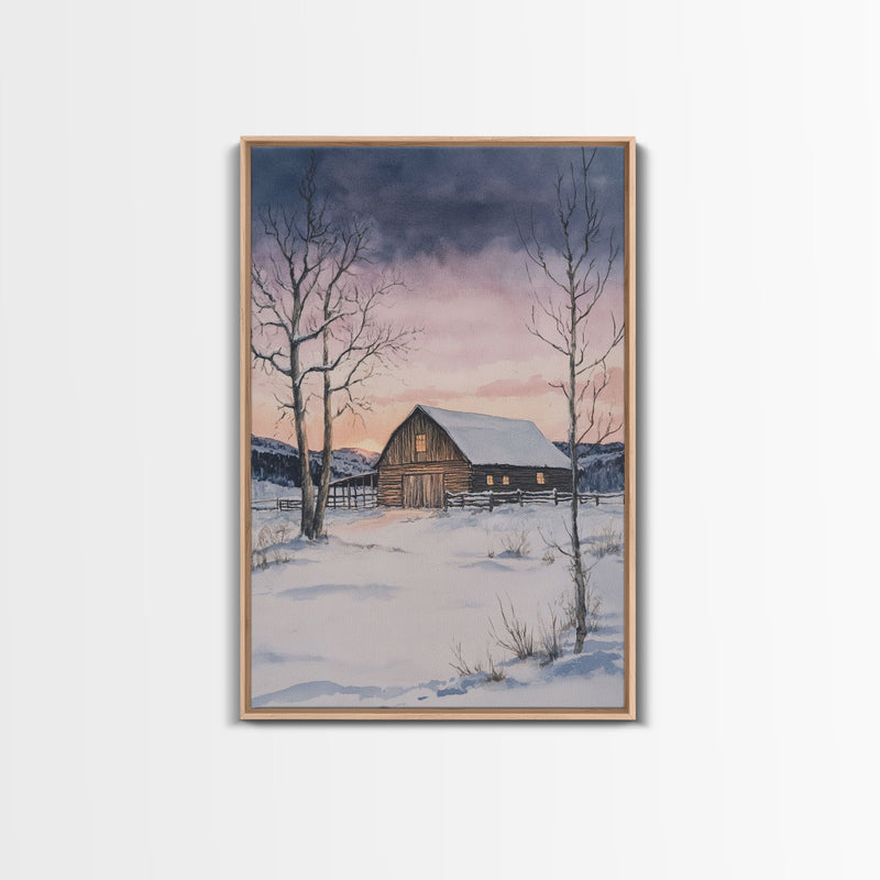 Barn In The Winter, Framed Canvas Print, Winter Landscape Print, Rustic Christmas Art, Primitive Decor