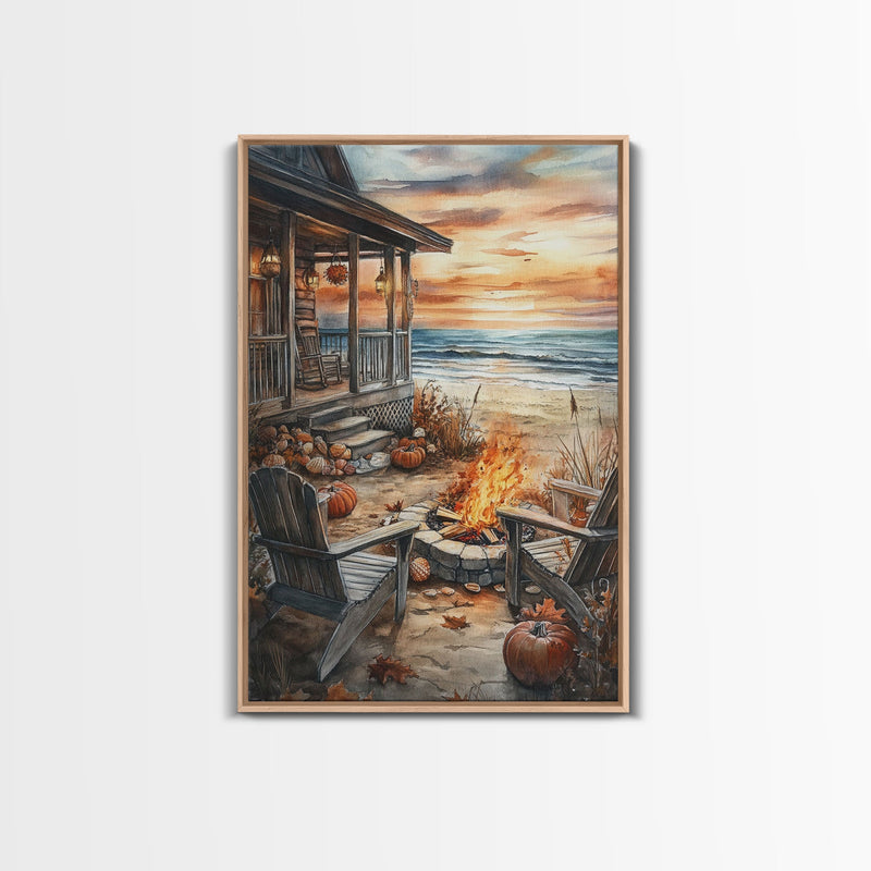 Beach Campfire On The Fall, Framed Canvas Print, Boho Beach Art Nautical Decor, Modern Christmas / Thanksgiving Gift Wall Art