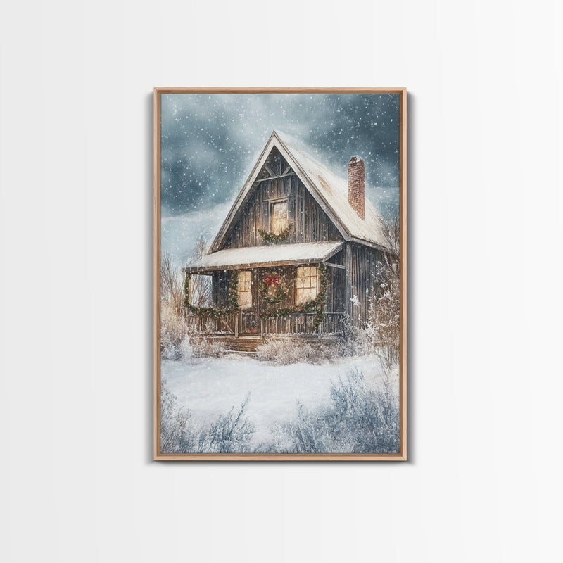 Beautiful Woods Cabin Framed Canvas Print, Extra Large Fall Decor, Mid Century Modern Winter Wall Art, Modern Christmas