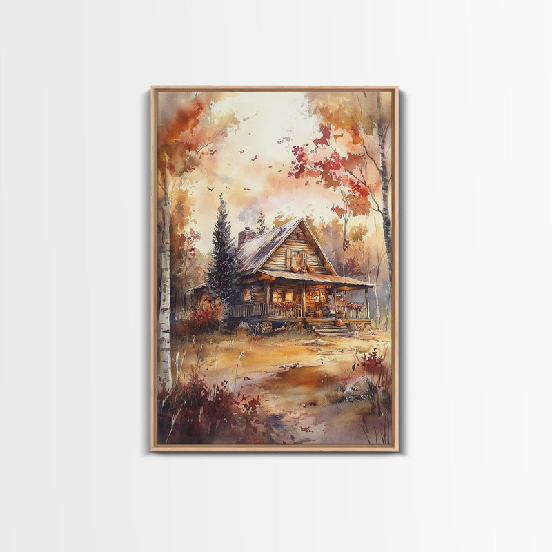 Beautiful Woods Cabin Framed Canvas Print, Extra Large Fall Decor, Mid Century Modern Autumn Wall Art, Modern Christmas