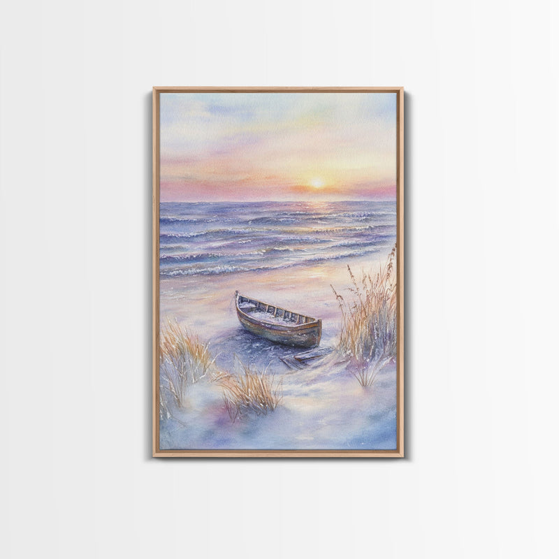 Abandoned Canoe On The Beach, Framed Canvas Print, Nautical Decor, Christmas Outdoor Decor, Christmas Prints Wall Art