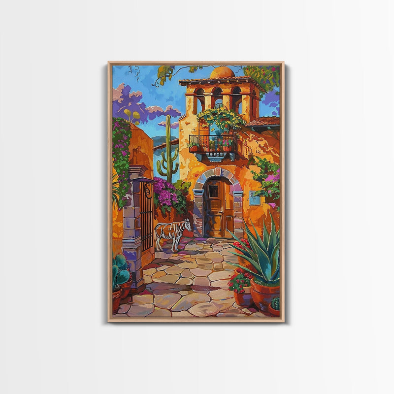 Bright Mexican Style Courtyard Tall Art Framed Canvas Print Featuring Vibrant Architecture And Desert Scenery