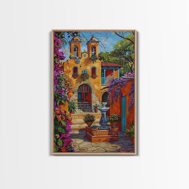 Bright Mexican Style Tall Art Framed Canvas Print Depicting Ornate Blue Door And Rustic Courtyard