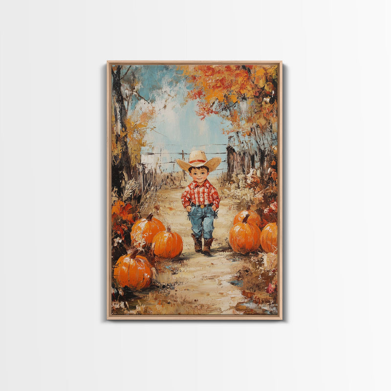 Autumn Cowboy Decor Canvas Print with Pumpkins, Fall Holiday Wall Art and Seasonal Gift Idea 2024