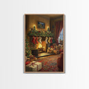 Cozy Christmas Mantle Decor Framed Canvas Print With Stockings Hanging And Presents By The Fire, Seasonal Holiday Wall Art Farmhouse Style