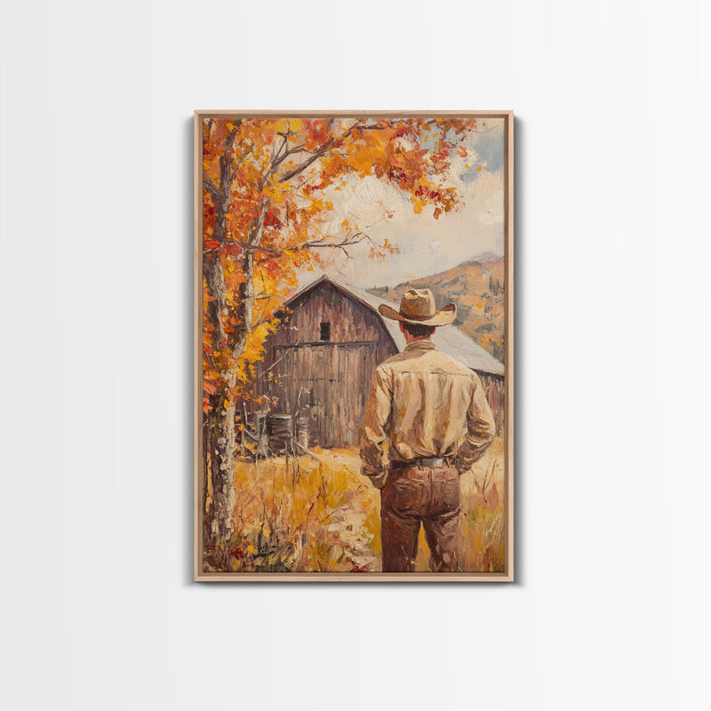 Autumn Cowboy Barn Framed Canvas Print - Fall Harvest Country Wall Art Best Gift Idea 2024 Rustic Farmhouse Decor