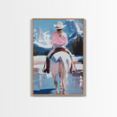 Female Cowboy Riding Through Winter Mountains Framed Canvas Print Christmas Wall Art Winter Wonderland Vintage Christmas Gift Wall Art