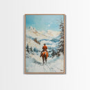 Cowboy Riding Through Snowy Mountains Framed Canvas Print Christmas Wall Art Winter Wonderland Decor Seasonal Wall Art Christmas Gift Idea