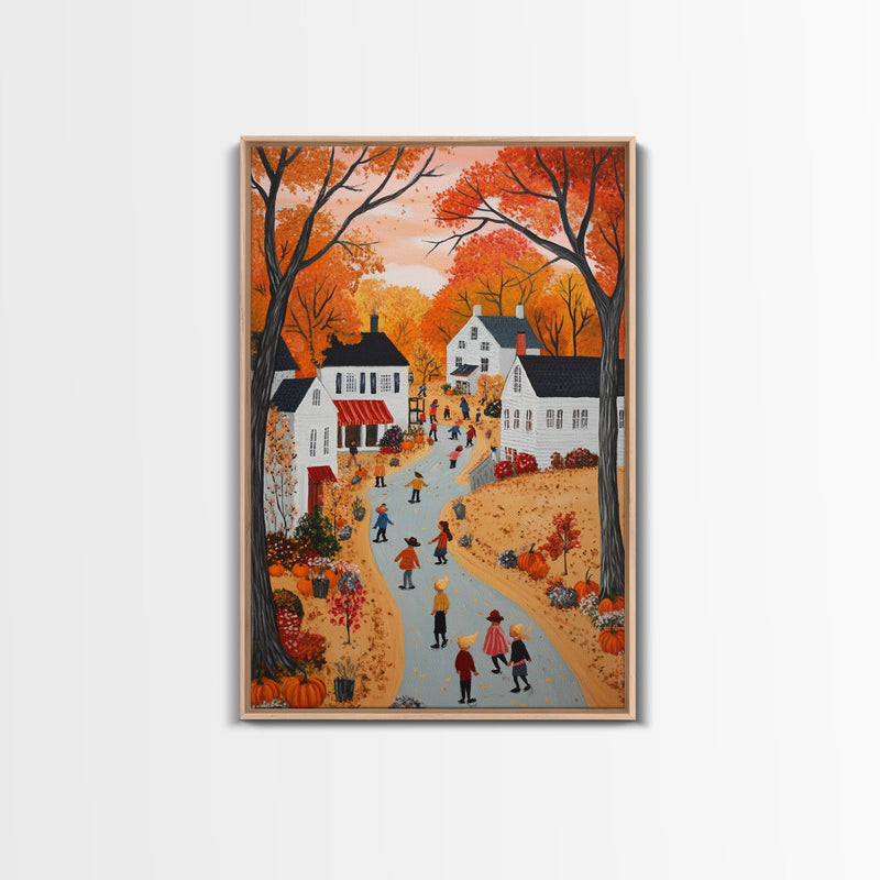 Autumn Village Scene Framed Canvas Print Tall Art With Fall Leaves And Pumpkins, Cozy Wall Art For Seasonal Farmhouse Decor