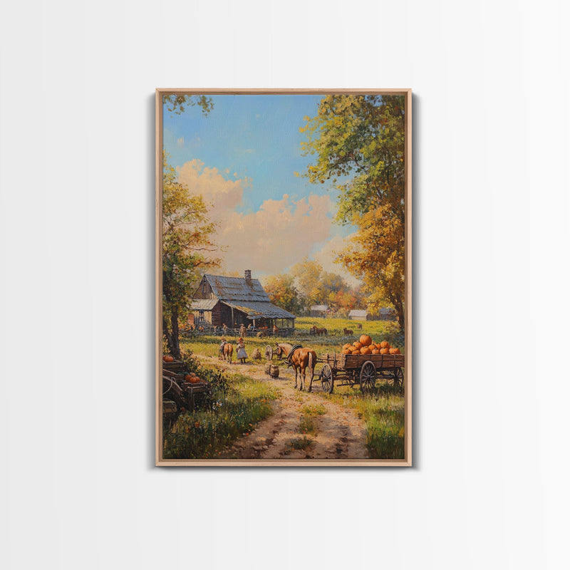 Autumn Farmhouse Harvest Scene With Pumpkins Framed Canvas Print Fall Wall Art Seasonal Home Decor Thanksgiving Wall Art Rustic Gift Idea