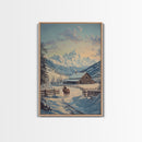 Winter Ranch Scene With Horses Framed Canvas Print Snowy Mountain Landscape Rustic Country Christmas Art Perfect For Farmhouse Wall Decor