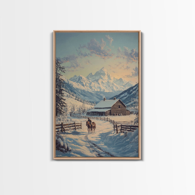 Winter Ranch Scene With Horses Framed Canvas Print Snowy Mountain Landscape Rustic Country Christmas Art Perfect For Farmhouse Wall Decor