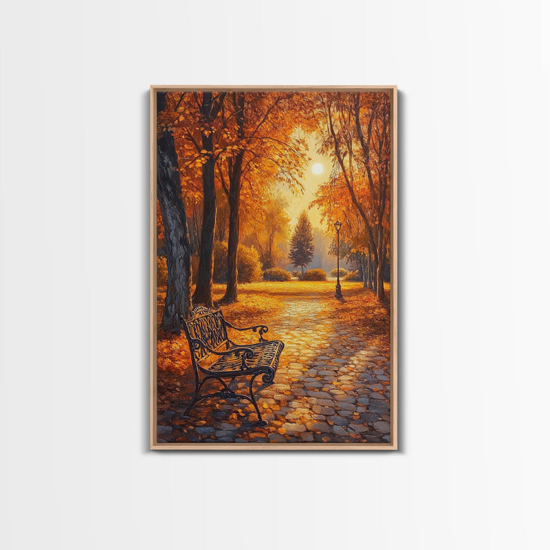 Autumn Park Bench Scene With Trees And Lamppost Framed Canvas Print Wall Art Fall Decor, Rustic Autumn Art Gift, Seasonal Canvas Art