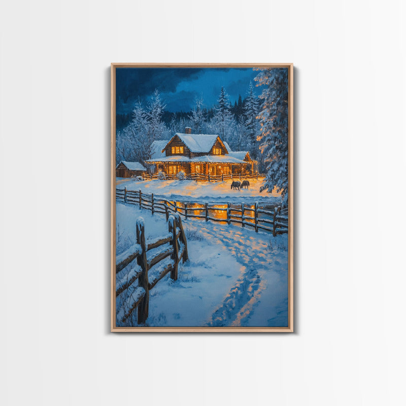 Warm Log Cabin In Snow Framed Canvas Print Wall Art Winter Holiday Decor, Country Christmas Art Gift, Rustic Winter Wonderland Art