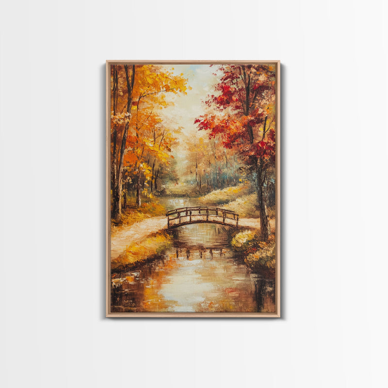 Autumn Bridge Over Stream Framed Canvas Print Wall Art Fall Landscape Decor, Rustic Autumn Art Gift, Seasonal Wall Art