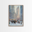 Historical City Winter Framed Canvas Print, Snowy Urban Landscape with Carriages and Victorian Architecture, Elegant Christmas Wall Art