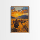 Cowboy Riders at Dusk Framed Canvas Print, Warm Sunset Western Scene with Riders on the Plains, Fall Decor Ranch Homes and Country Wall Art