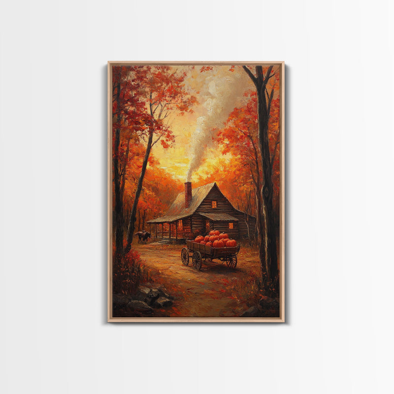 Autumn Cabin with Pumpkins Framed Canvas Print, Warm Fall Countryside Scene with Golden Leaves, Cozy Rustic Farmhouse Wall Art Decor