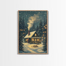 Cozy Cabin in Snowy Winter Forest, Warm Christmas Lights and Peaceful Holiday Scene, Perfect for Winter Wall Art, Framed Canvas Print