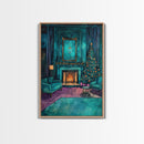 Cozy living room with Christmas tree and fireplace, Framed Canvas Print, Christmas wall art, perfect modern farmhouse holiday decor