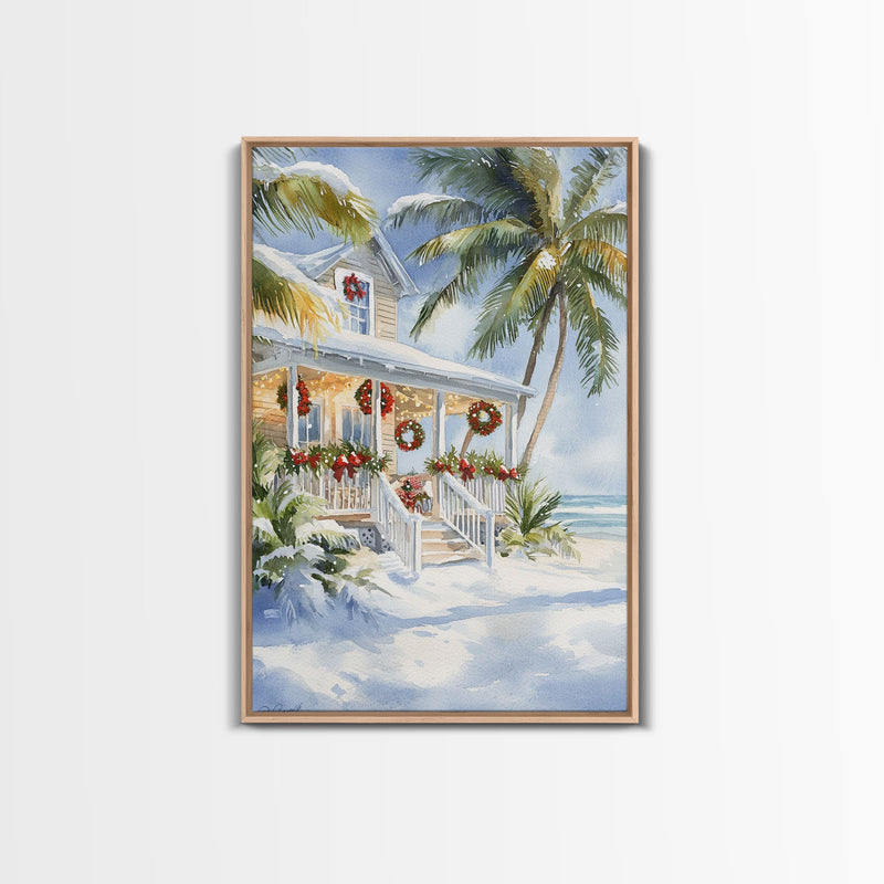 Beach Christmas porch with palm trees and wreaths, holiday decor Framed Canvas Print Christmas wall art farmhouse tropical decor idea