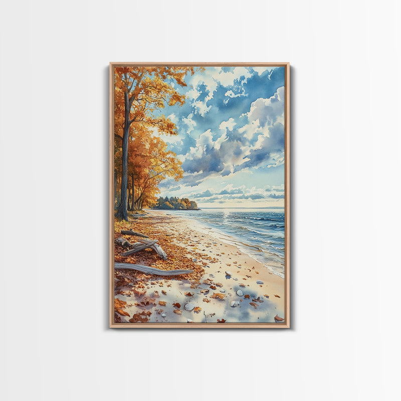 Autumn beach landscape with vibrant fall leaves and coastal breeze Framed Canvas Print perfect fall wall art for seasonal farmhouse decor